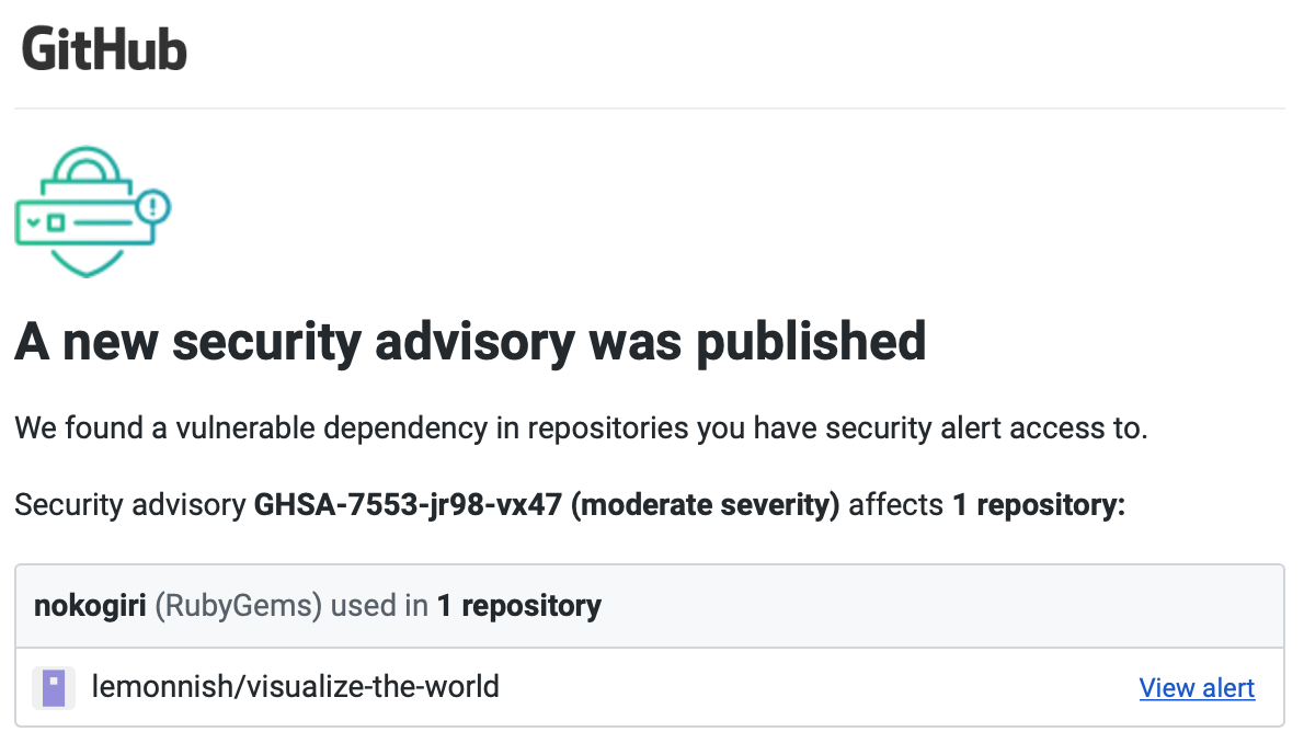 screenshot of an email notification for a security advisory for the nokogiri Ruby Gem