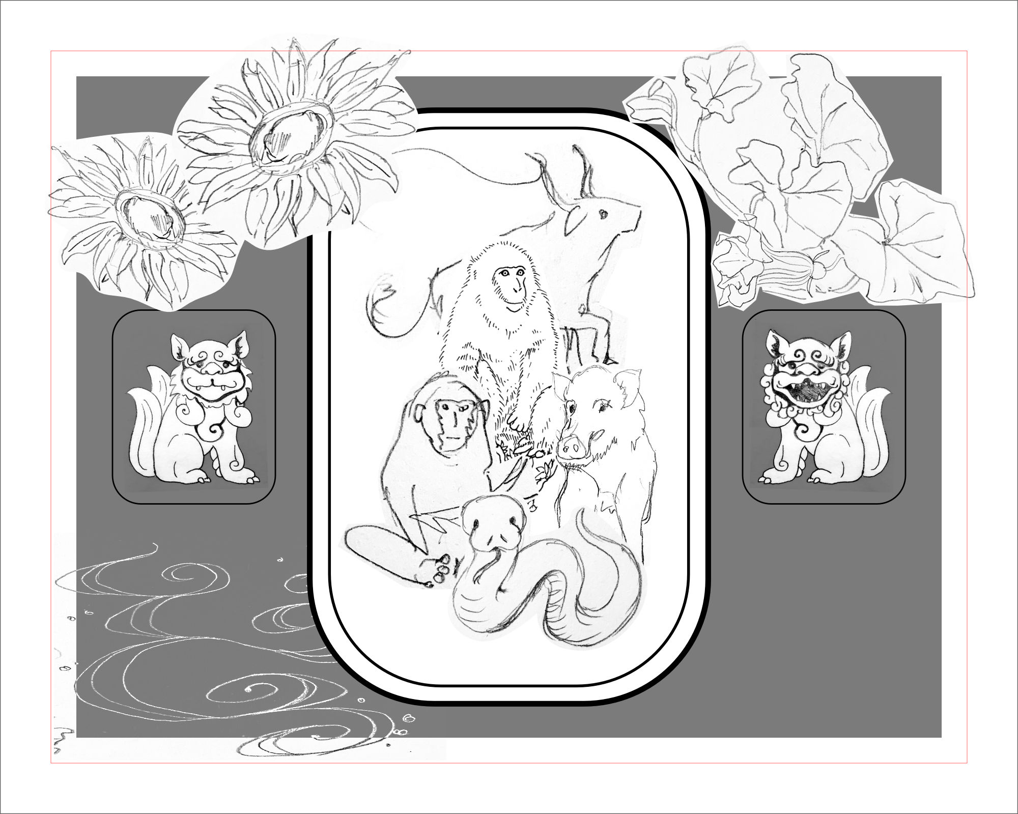 A horizontal b&w rough sketch of 5 zodiac animals centered within a dark background with haphazardly placed sunflowers, shisa, squash leaves, and water swirls.