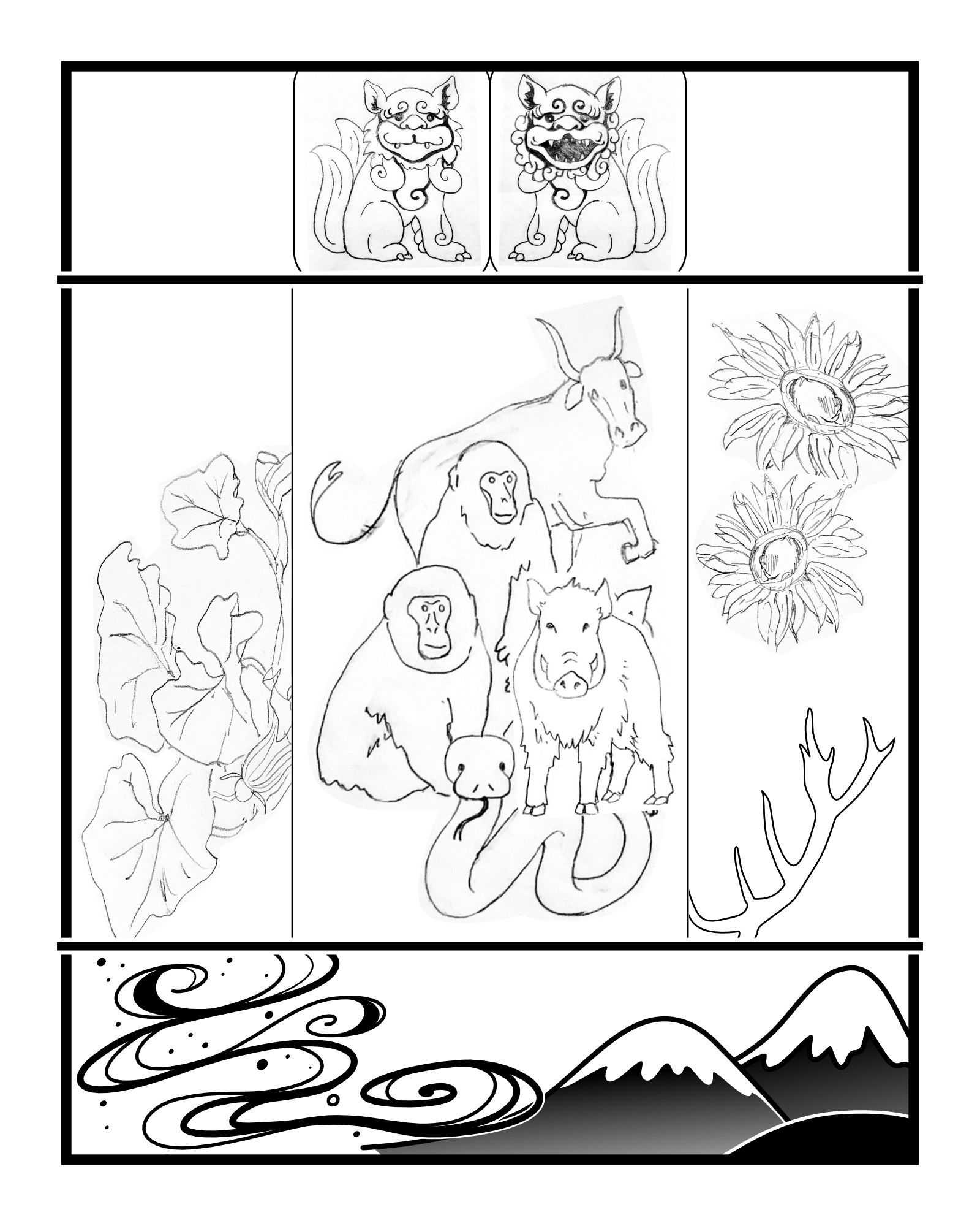 A vertical b&w sketch of 5 zodiac animals with an equal sized border on all sides. The border is filled with shisa, sunflowers, an antler, squash leaves, water swirls, and mountains.