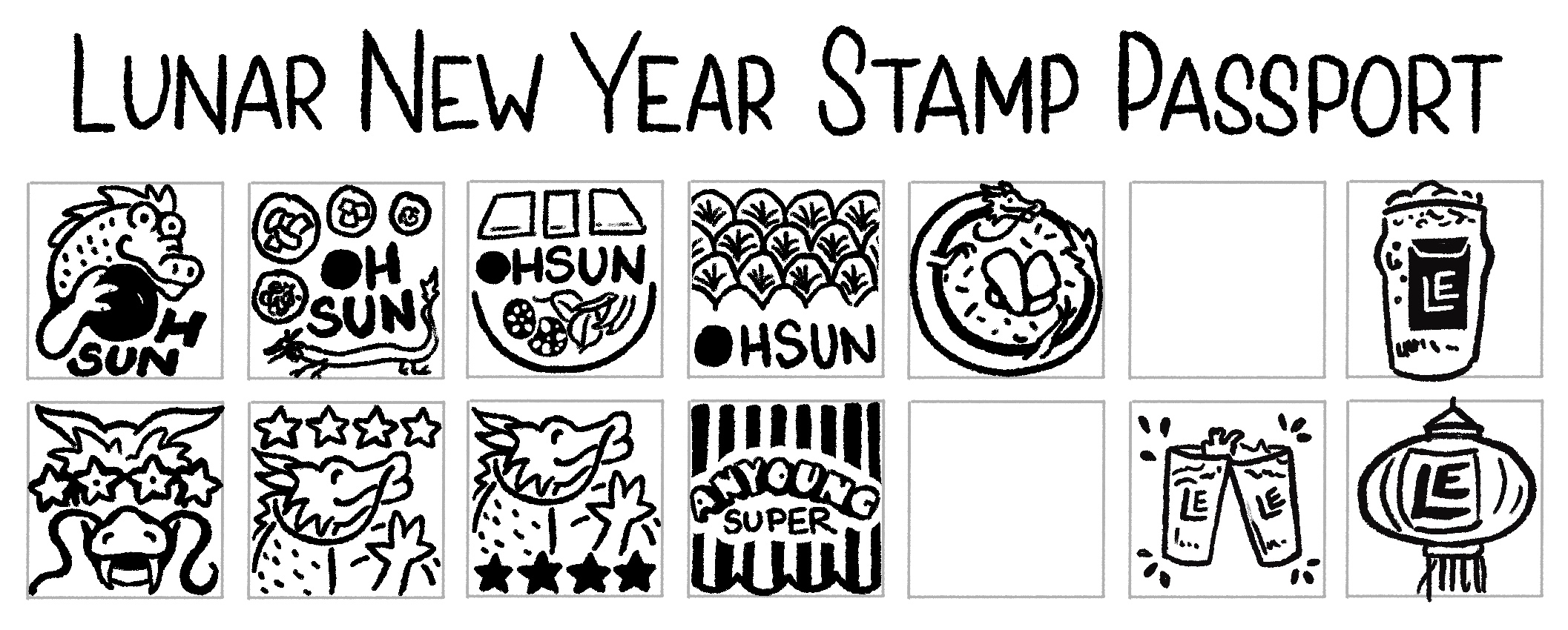 A white grid of squares with hand-drawn sketches of various stamp designs. The stamps pictured are ideas for OHSUN, Anyoung Super, and Lucky Envelope Brewing.